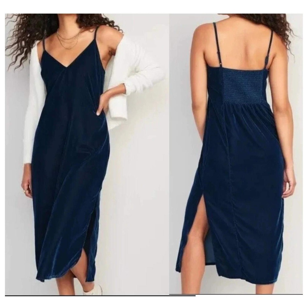 Old Navy Velvet Long Slip Dress Size L Blue V-Neck Smocked Back Side Slit Glam